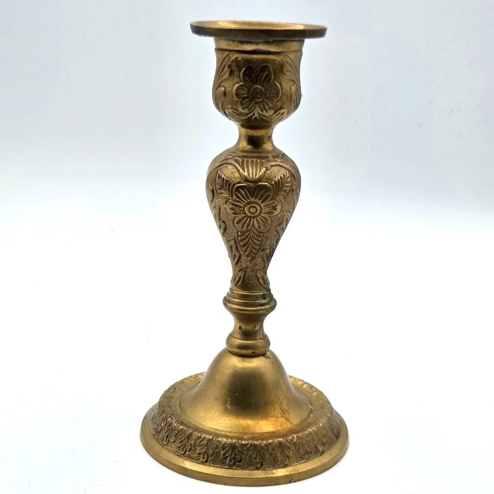 VINTAGE Single Brass Candlestick Candle Holder with Floral Design